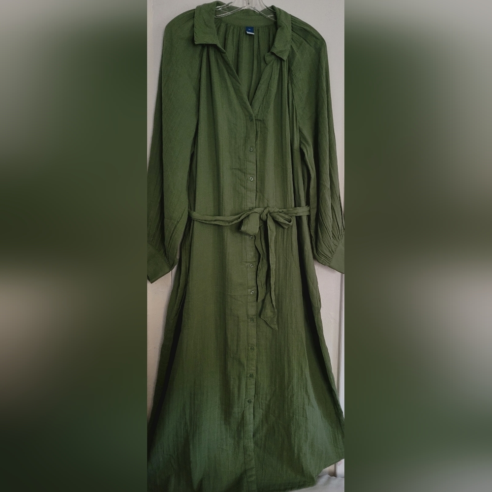 New Old Navy Sage Green Belted Midi Shirt Dress Size XXL Long Sleeve Cotton - Picture 9 of 16